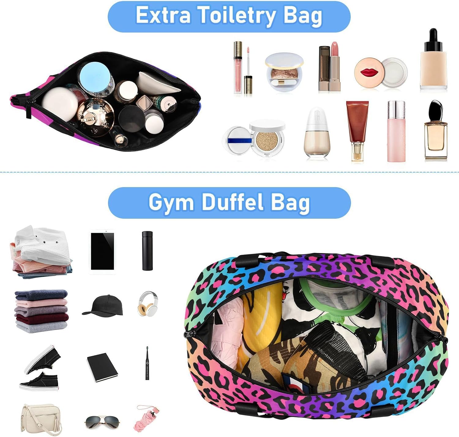 Mnsruu Große Wochenendtasche, Reisetasche mit Schuhfach und Nasstasche, Dschungelmotiv, buntes Leopardenmuster, mit Kulturbeutel, #04, Einheitsgröße, modisch – Bild 4