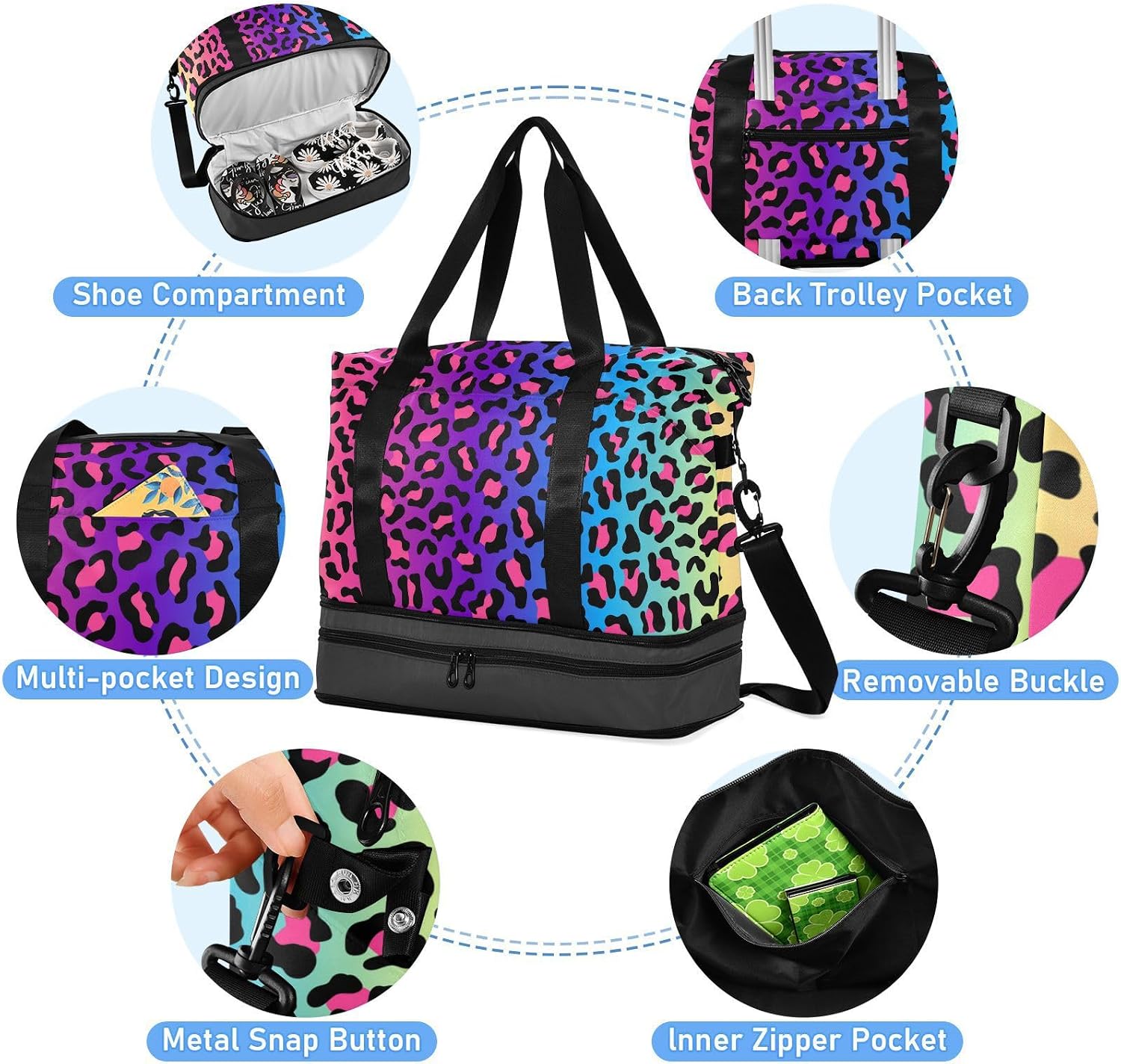 Mnsruu Große Wochenendtasche, Reisetasche mit Schuhfach und Nasstasche, Dschungelmotiv, buntes Leopardenmuster, mit Kulturbeutel, #04, Einheitsgröße, modisch – Bild 5