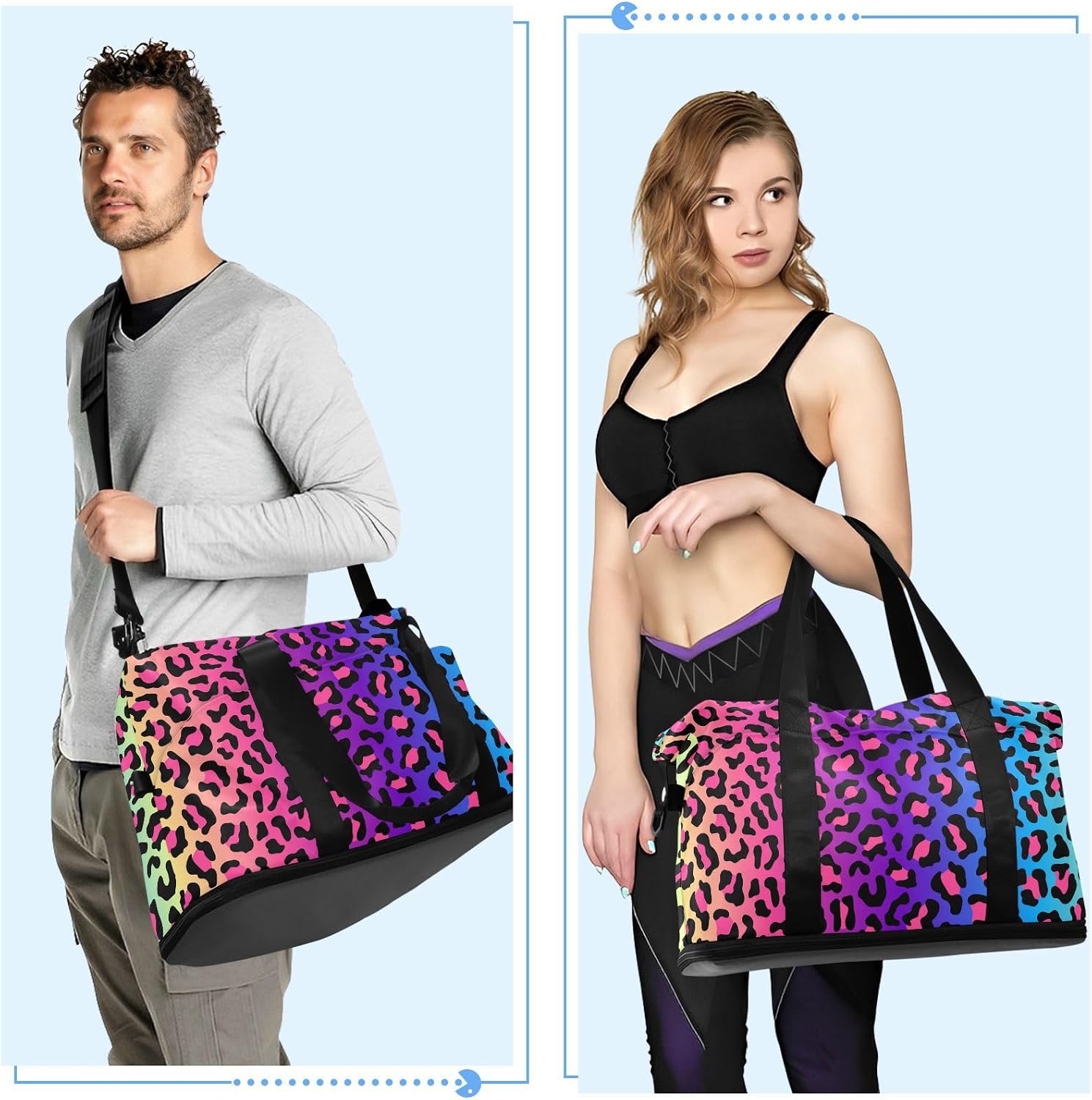 Mnsruu Große Wochenendtasche, Reisetasche mit Schuhfach und Nasstasche, Dschungelmotiv, buntes Leopardenmuster, mit Kulturbeutel, #04, Einheitsgröße, modisch – Bild 6