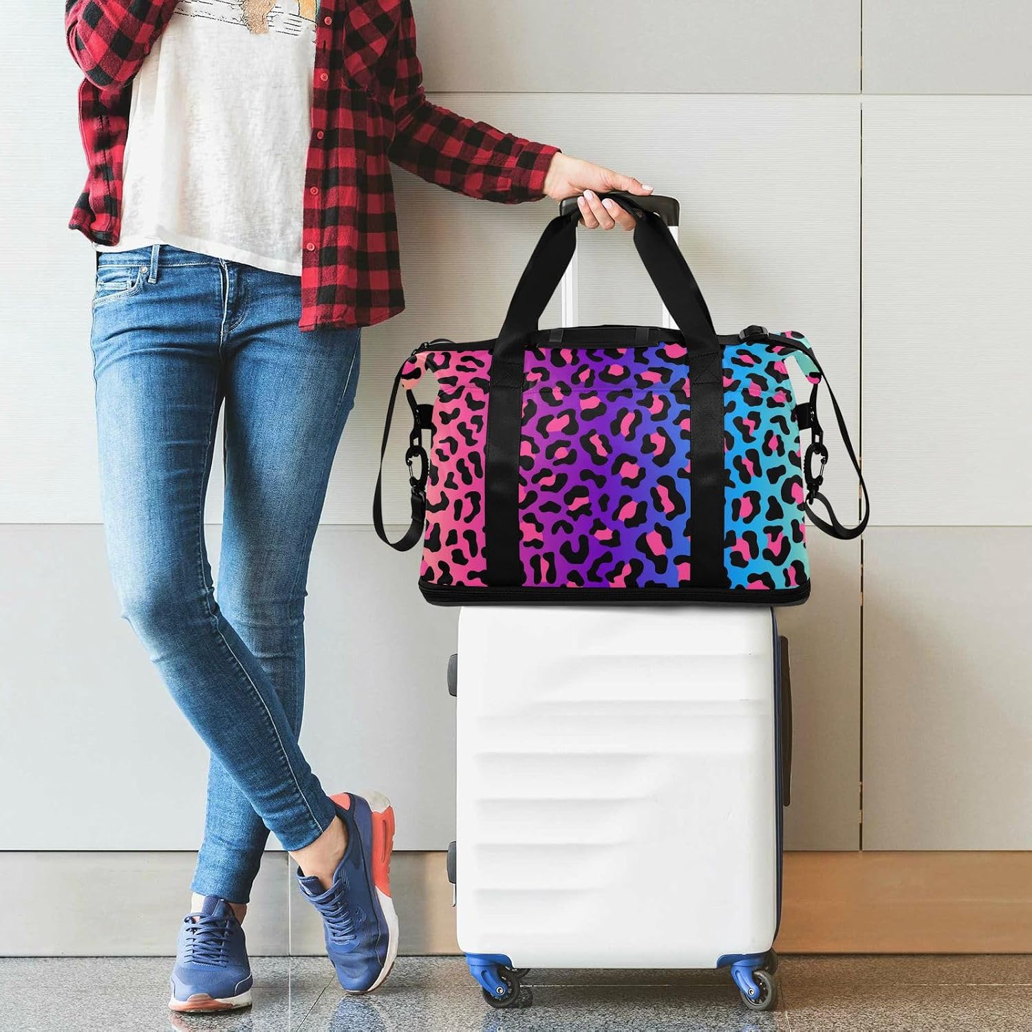 Mnsruu Große Wochenendtasche, Reisetasche mit Schuhfach und Nasstasche, Dschungelmotiv, buntes Leopardenmuster, mit Kulturbeutel, #04, Einheitsgröße, modisch – Bild 7