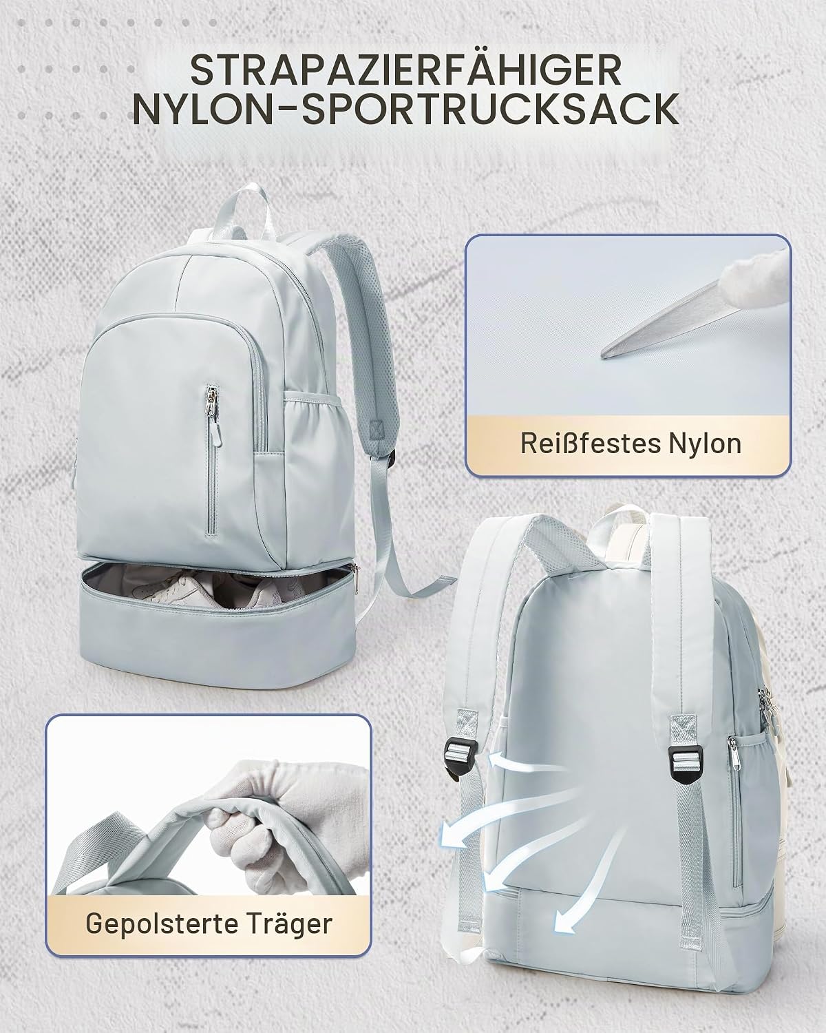 Gym Rucksack damen Sportrucksack mit Schuhfach und Nasstasche,Wasserdichter Freizeitrucksack Sportrucksack Sporttasche für Schwimmen Yoga,Handgepäckrucksack Reise-Laptop-Rucksack,Hellblau – Bild 3