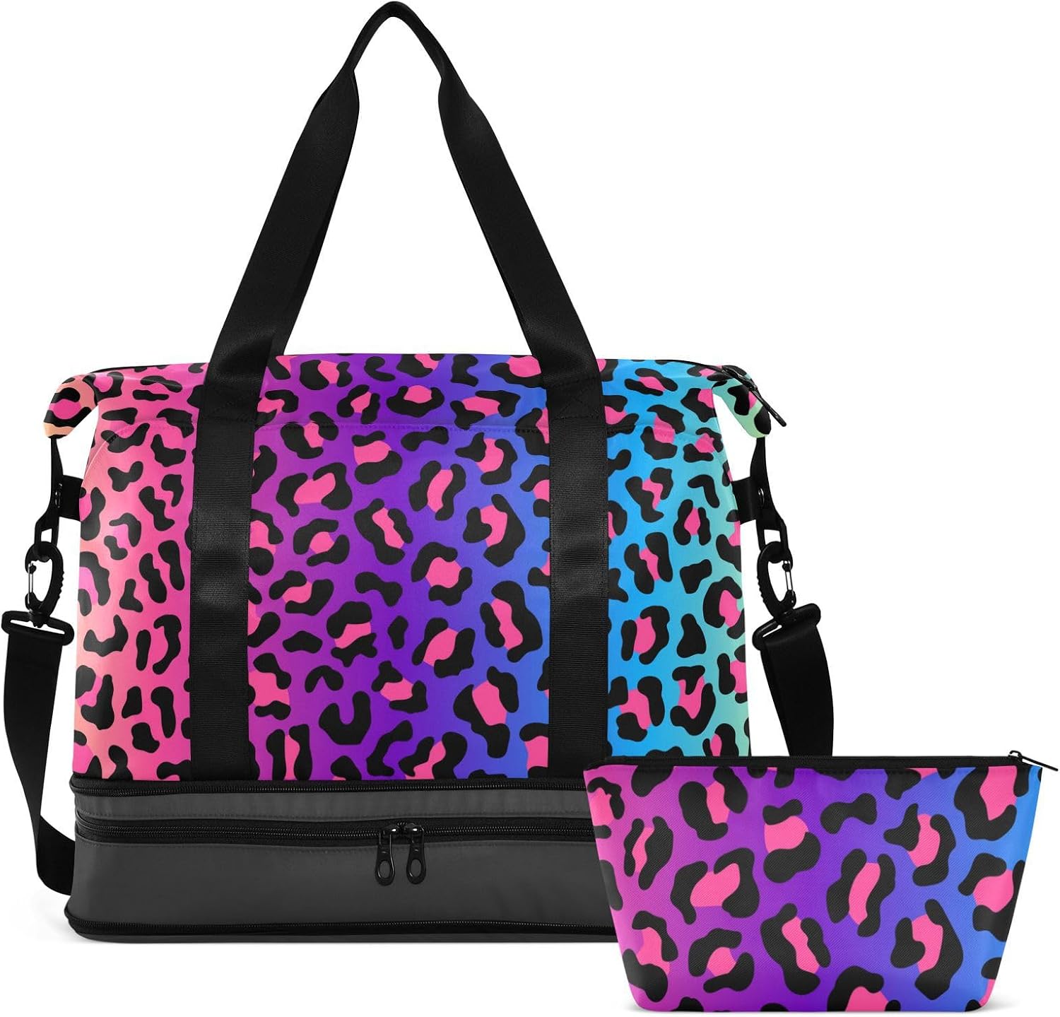 Mnsruu Große Wochenendtasche, Reisetasche mit Schuhfach und Nasstasche, Dschungelmotiv, buntes Leopardenmuster, mit Kulturbeutel, #04, Einheitsgröße, modisch – Bild 2