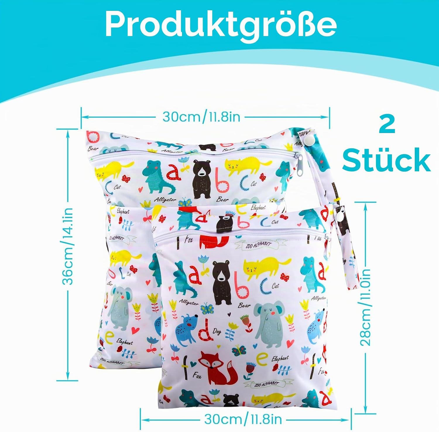 Nasstasche Kindergarten, Wetbag Kindergarten 2er Set, Wäschebeutel Kita Wasserdicht, Nassbeutel Waschbar, Windeltasche Nasstasche, Wetbag Stoffwindeln, Nasstaschen Wiederverwendbar, Zoo – Bild 2