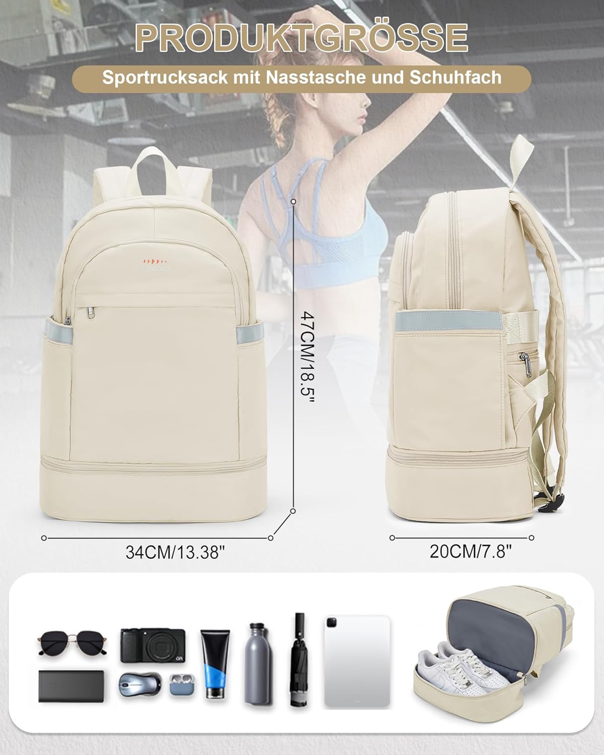 suradar Sportrucksack für Frauen mit Nasstasche und Schuhfach Sportrucksack Damen Gym Backpack Rucksack Mit Schuhfach Gymnastiktasche für Fitness Schwimmen Tragbarer Reiserucksack Frauen Beige – Bild 2